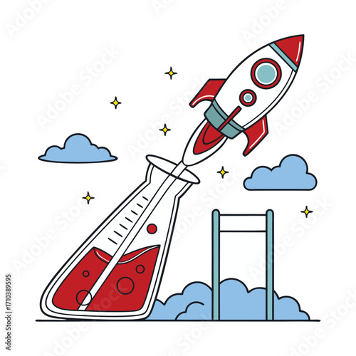 Creative rocket launch from science flask symbolizing innovation and scientific discovery progress