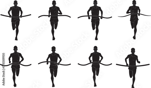 Silhouette running athlete vector illustration with marathon finish line, race competition, sports fitness training, winner crossing ribbon design artwork