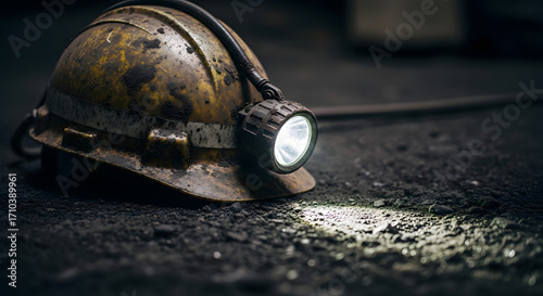 Worn yellow miner's helmet with a lit headlamp rests on the dark, gritty ground, symbolizing the coal mining industry and manual labor