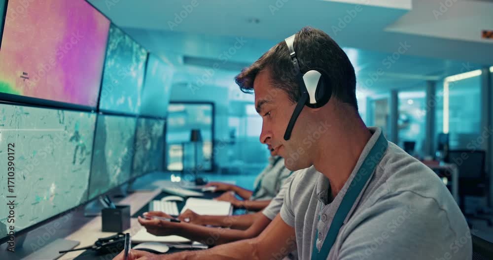 Man Climate Control Computer Man, computer and screen with headset in control room to monitor ...