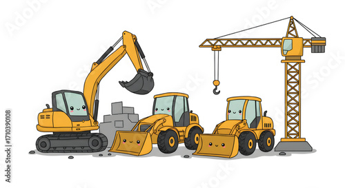 Adorable cartoon construction vehicles, including an excavator, two front-end loaders, and a tower crane, are depicted on a white background, ready for a day of building.