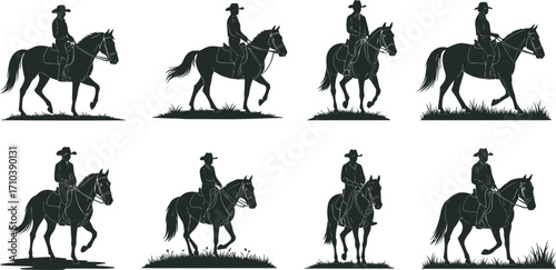 Silhouette horse riding vector illustration with equestrian woman, horseback rider training, jumping, galloping, dressage poses for sports and design artwork