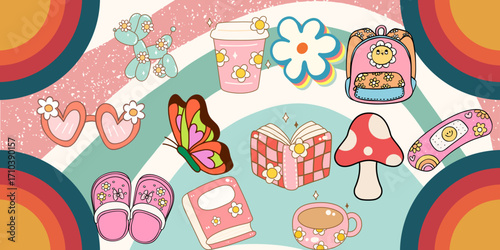 A festive and fun seamless vector pattern of colorful flip-flops, perfect for a birthday or holiday gift design. groovy characters and elements for poster of sticker design.Isolated vector illustratio