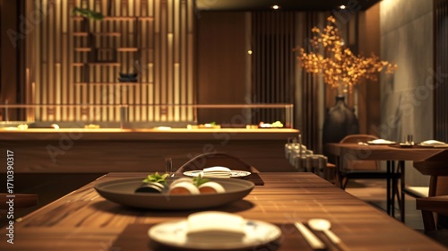 Fotografía Elegant modern Japanese fine dining restaurant interior minimalistic wooden dcor