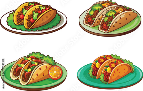 A cartoon depiction of four plates of cartoon tacos, different fillings and plates