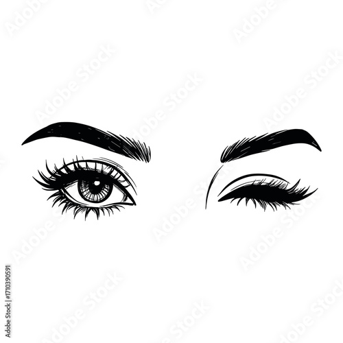 Flirty winking female eye – stylish hand drawn sketch of one closed and one open eye with long lashes and shaped brows, ideal for beauty fashion concepts, cosmetics branding and makeup packaging