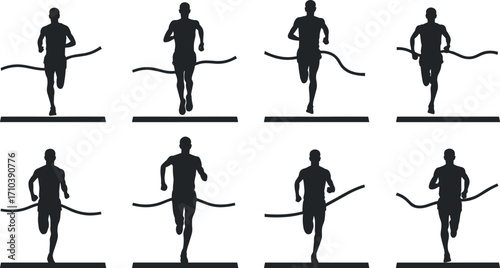 Silhouette running athlete vector illustration with marathon finish line, race competition, sports fitness training, winner crossing ribbon design artwork