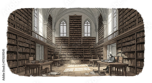 A vintage library interior with rows of bookshelves filled with books, desks with people reading, and arched windows letting in light, creating a scholarly and historical atmosphere, isolated on trans