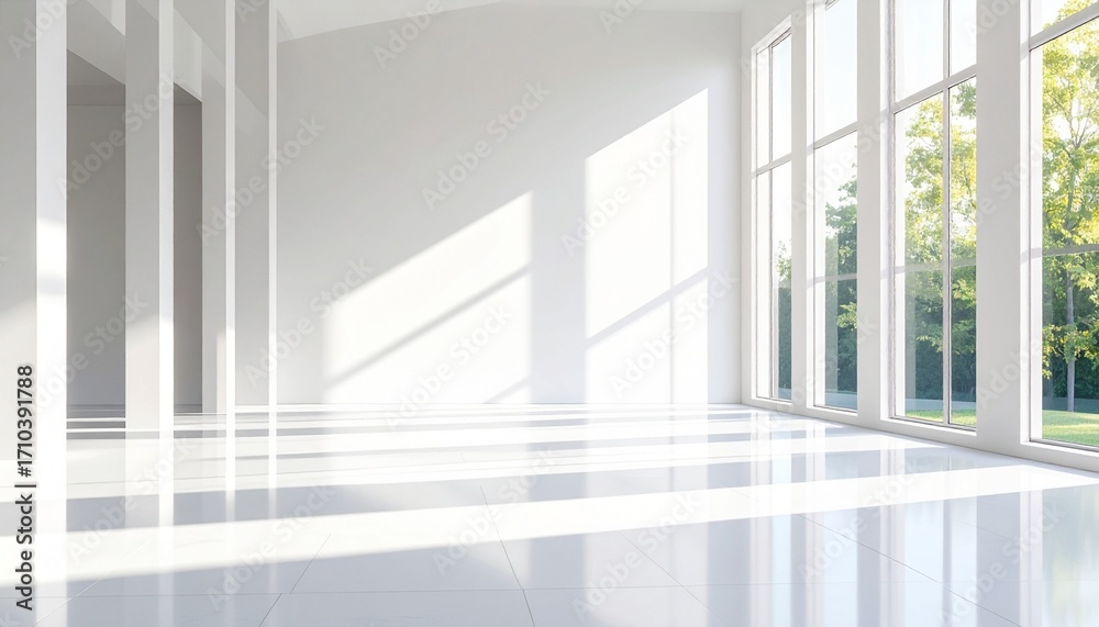 Obraz premium Sunlit modern interior with large windows casting geometric shadows on a clean white floor, creating a bright and airy atmosphere