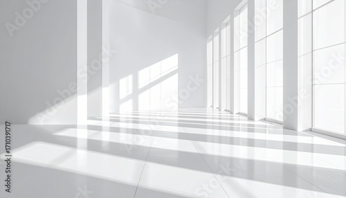 Sunlit, pristine white minimalist interior architecture, featuring dynamic geometric shadows and brilliant reflections cast by large windows across polished surfaces, evoking a serene ambiance