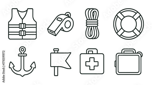 Lifeguard safety equipment icons: life vest, whistle, rope, lifebuoy, anchor, flag, first aid kit
