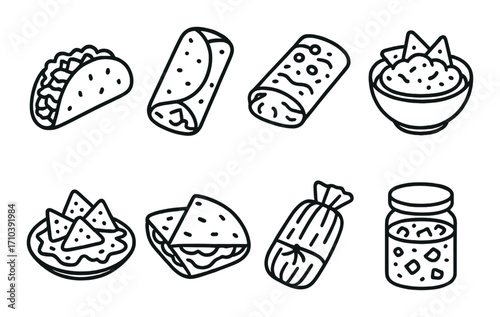 Mexican food icons: taco, burrito, nachos, and salsa in rustic style