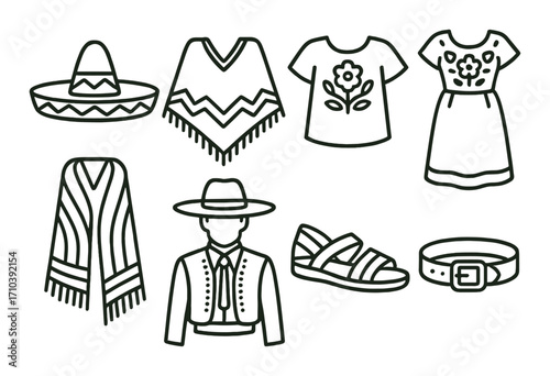 Traditional hispanic clothing icons on olive background: sombrero, poncho, embroidery