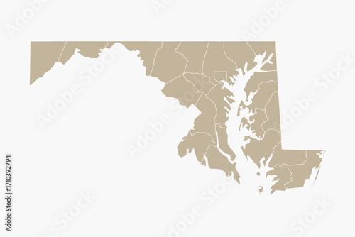 Vector graphic artwork suitable for print and web containing flat detailed map of MARYLAND