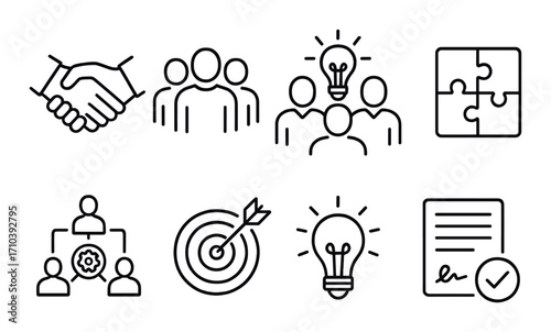 Business collaboration and innovation icons set on dark background