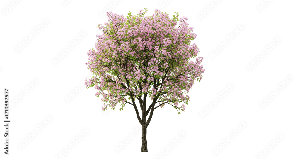 Naklejka premium Isolated blooming tree, floral springtime tree with pink flowers in full bloom, floral spring