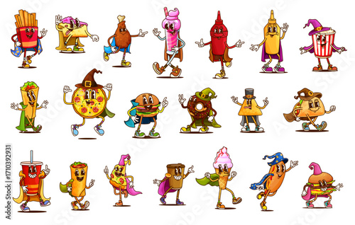 Cartoon Halloween groovy fast food and drink characters. Retro hippie pizza, burger and hot dog vector personages in Halloween costumes. Psychedelic groovy fries, pop corn, ice cream and coffee