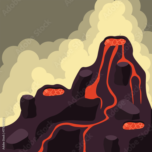 Volcano eruption. Vector illustration of beautiful volcano eruption with clouds of smoke and lava flows. Perfect interior room poster children book image game design. EPS 10