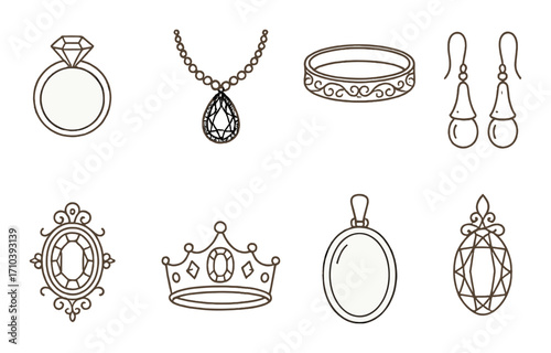Elegant jewelry collection featuring rings, necklaces, bracelets, earrings, and crowns