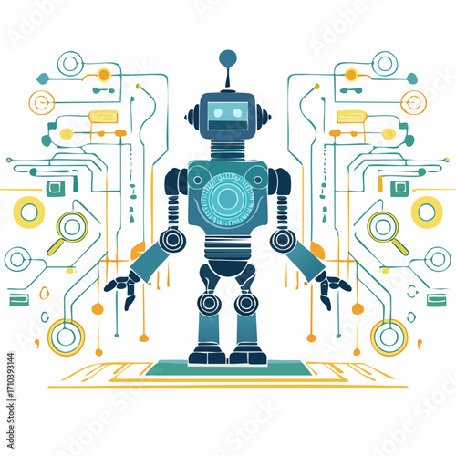 Retro Robot in Circuitry Network Illustration
