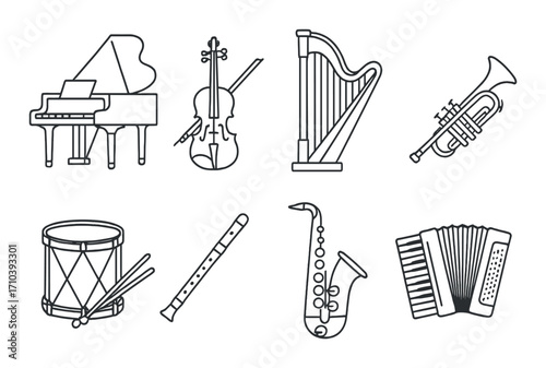 Illustrated musical instruments: piano, violin, harp, trumpet, drum, flute, saxophone, accordion