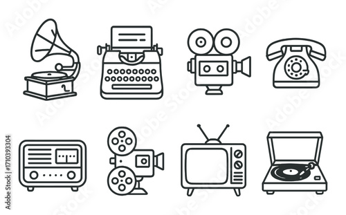 Vintage electronics and media icons: radio, typewriter, camera, phonograph