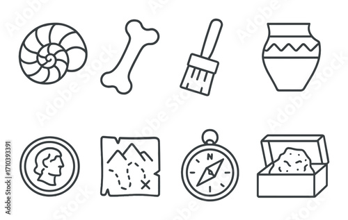 Archaeology icons set: fossil, bone, brush, pottery, coin, map, compass, artifact