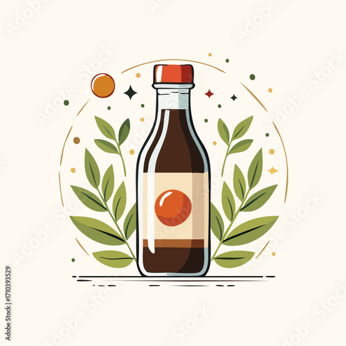 Soy Sauce Bottle with Green Leaves and Decorative Elements