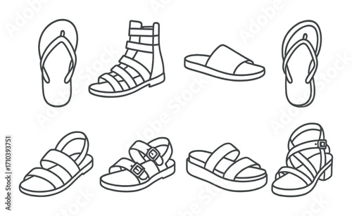 Variety of different sandals and flip-flops on grayscale background