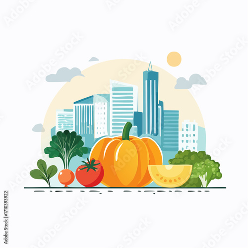 Urban Farming Vegetables Cityscape Illustration