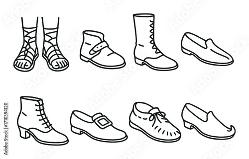 Hand-drawn footwear illustrations depicting various shoe styles on green background