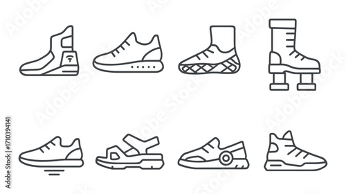 Monochrome outline of various shoe designs on dark background
