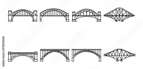 Silhouettes of iconic bridge designs on black background