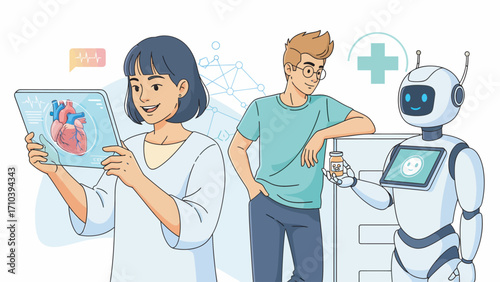 Young woman examines heart on tablet with robot and man in modern medical office, showcasing future of healthcare with advanced technology and collaboration.