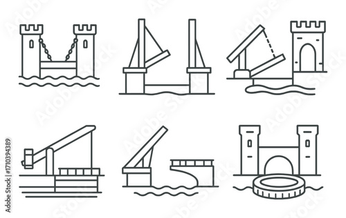 Illustration of various drawbridge designs with castle and water elements