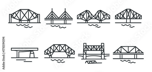 Set of eight simple bridge icons with different designs on a dark background