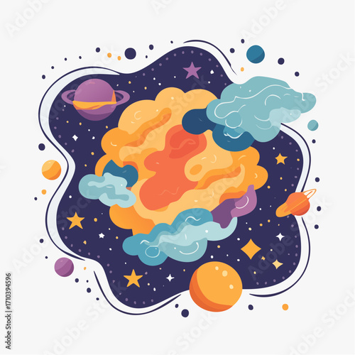 Whimsical Cosmic Nebula Illustration with Planets and Stars