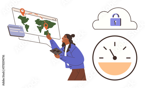 Woman points to location pin on global map with tablet in hand. Nearby cloud lock icon and speed gauge. Ideal for data security, geolocation, analytics, research, cloud storage, technology
