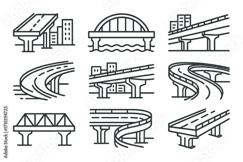 Urban infrastructure: bridges and highways line art icons