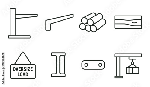 Industrial icons: crane, cargo, lumber, steel beam, oversize load, metal plate design