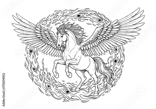 Majestic pegasus soars amidst swirling mystical flames, a powerful and captivating symbol of freedom, fantasy, and the untamed spirit, originally a scalable graphic