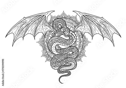 Intricate snake with dragon wings, resting upon a mesmerizing mandala, perfect for coloring books, tattoo designs, and bringing mystical flair to any creative project