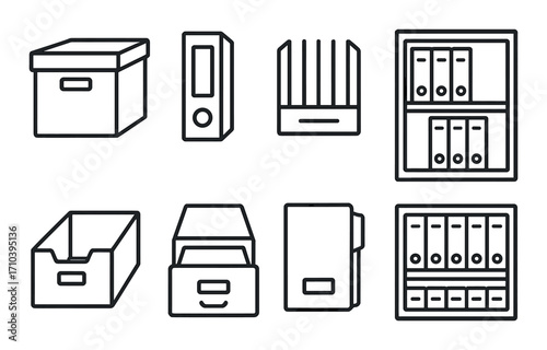 Black and white office icons of filing cabinets boxes and organizers on dark background
