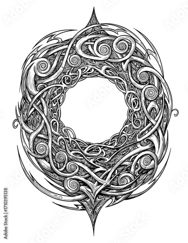 Intricate Celtic knotwork circular design, ancient tribal art, symbolic emblem, timeless pattern, decorative element, mystical motif, heroic emblem, artistic flourish, professional graphic asset, uniq
