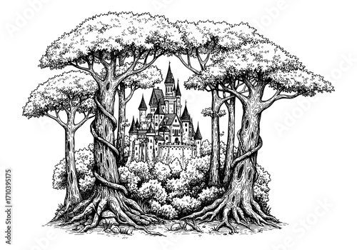 Enchanting castle nestled deep within a mystical forest, vintage fairytale illustration, fantasy artwork, classic storybook scene, black and white drawing, story illustration