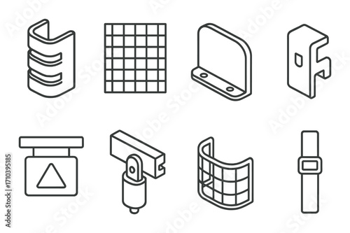 Various geometric shapes of metal brackets and holders on dark background