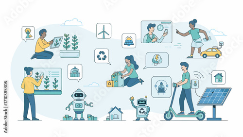People interacting with sustainable technology and practices in a modern world, promoting environmental consciousness and a greener future.