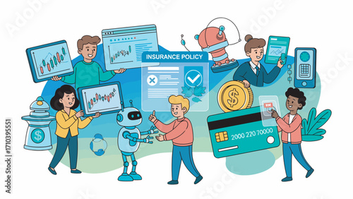 Diverse team collaborating on insurance policy using digital tools and a friendly robot in a modern office, showcasing teamwork and innovation.