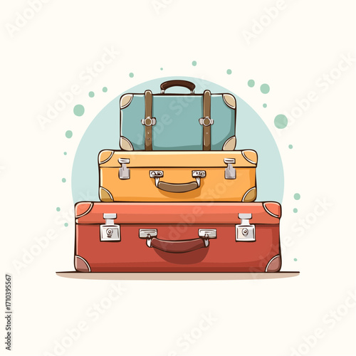 Stack of Vintage Suitcases: Teal Orange Red Travel Bags