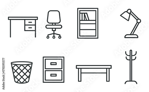 Monochrome icons of office furniture and accessories on gradient background